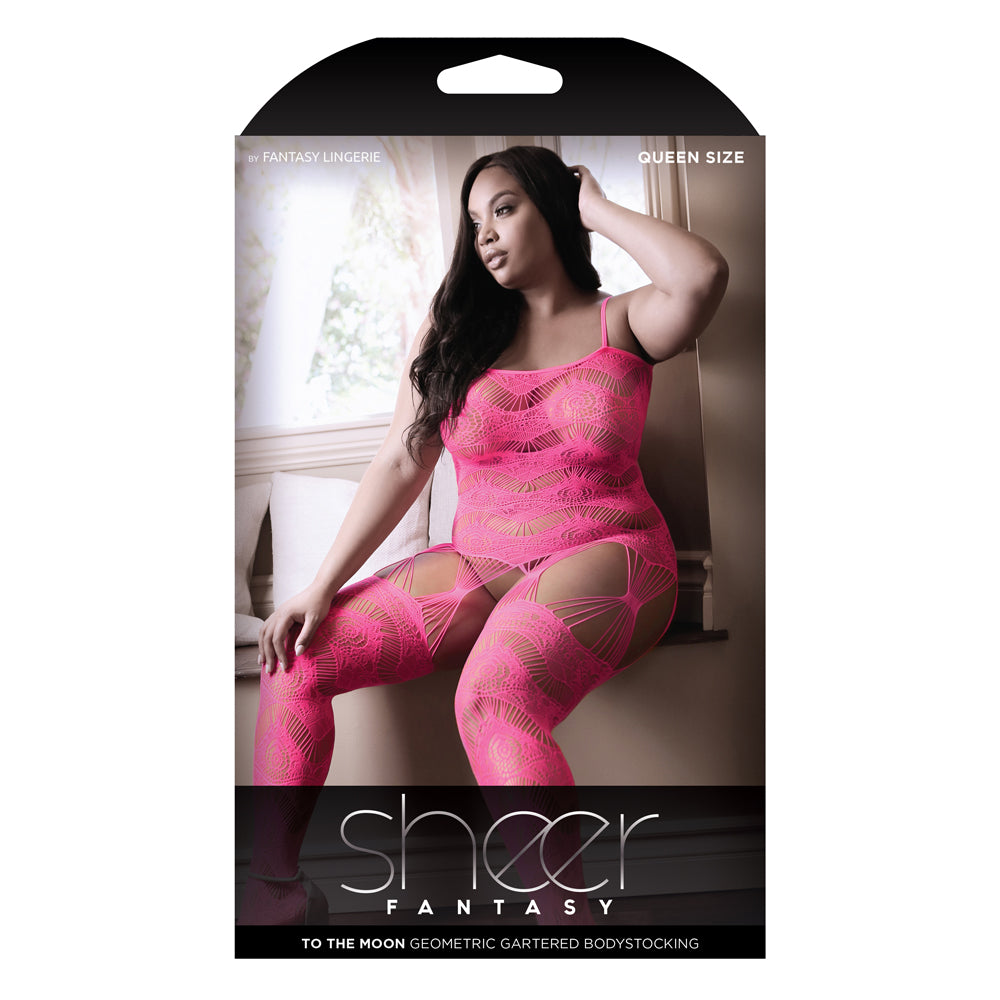 Fantasy Lingerie To The Moon Geometric Gartered Bodystocking for Curvy Women - Sexy Lace Bodysuit for Valentine's Day & Romantic Nights