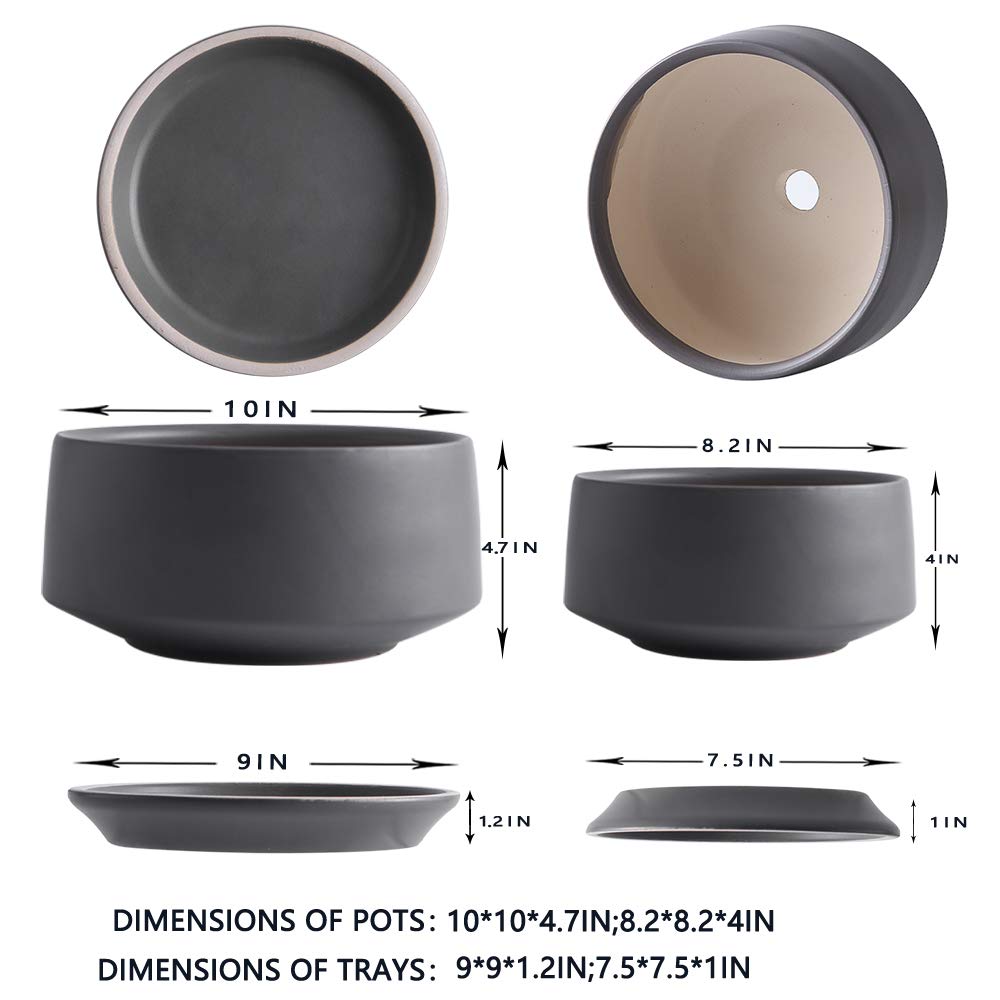 Premium Ceramic Planter Set of 2 with Drainage Hole & Saucer - Modern Glazed Indoor Cylinder Plant Pots for House Plants, Bonsai, Succulents - Matte Grey Medium Size | Perfect for Home Decor, Office Desk & Gift Giving
