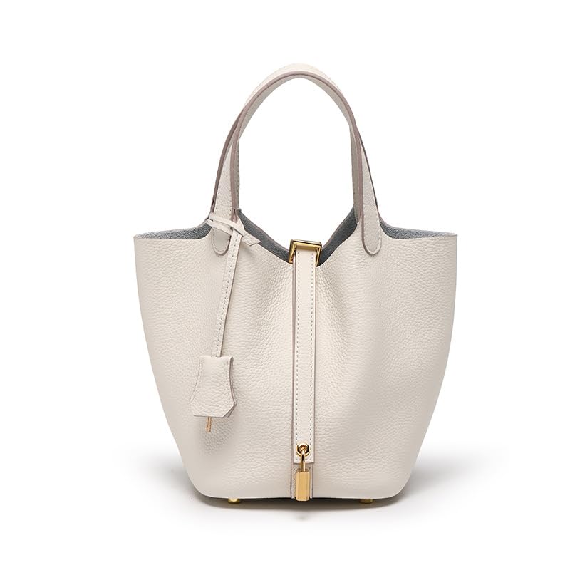 GeRRiT Women's Leather Handbag - Lychee Pattern Top Handle Tote with Lock Bucket Bag Design, Solid Color Crossbody Purse for Work, Travel & Shopping