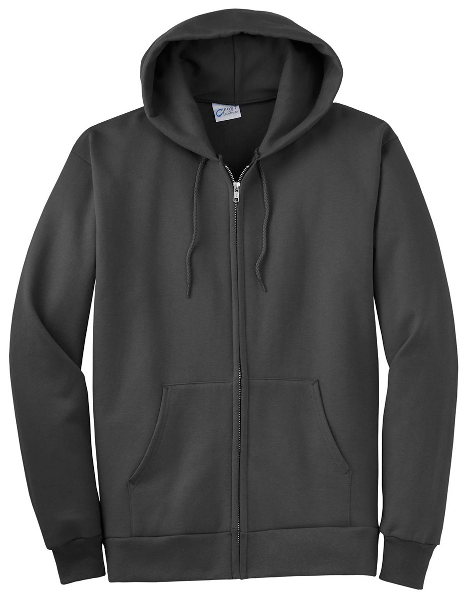 Port & Company PC90ZH Full-Zip Hooded Sweatshirt for Men & Women | Soft Cotton Blend Fleece Pullover | Charcoal Grey | Size Large | Perfect for Casual Wear, Gym & Outdoor Activities
