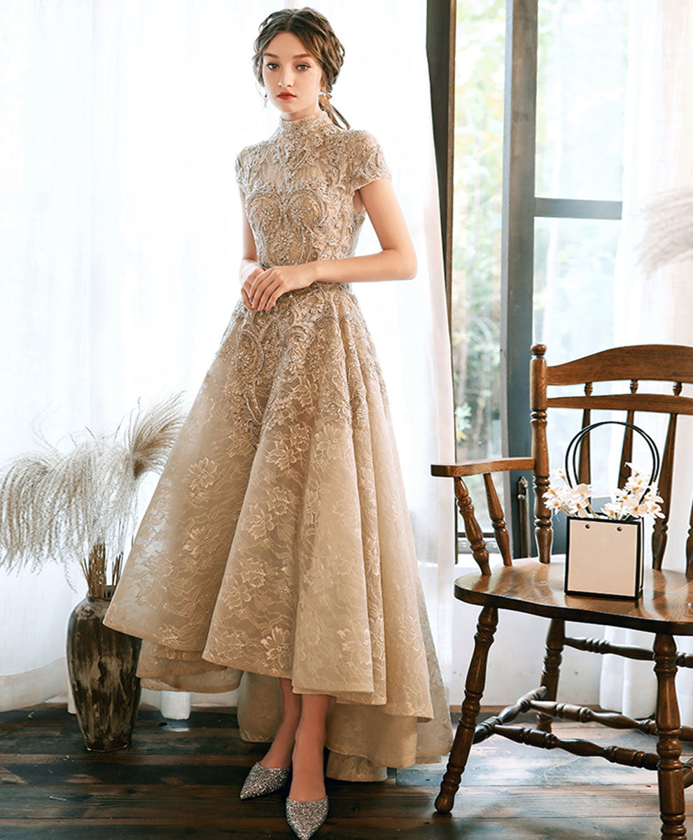Elegant Champagne High Neck Lace Prom Dress for Women - Formal Evening Gown for Homecoming, Wedding, and Special Occasions