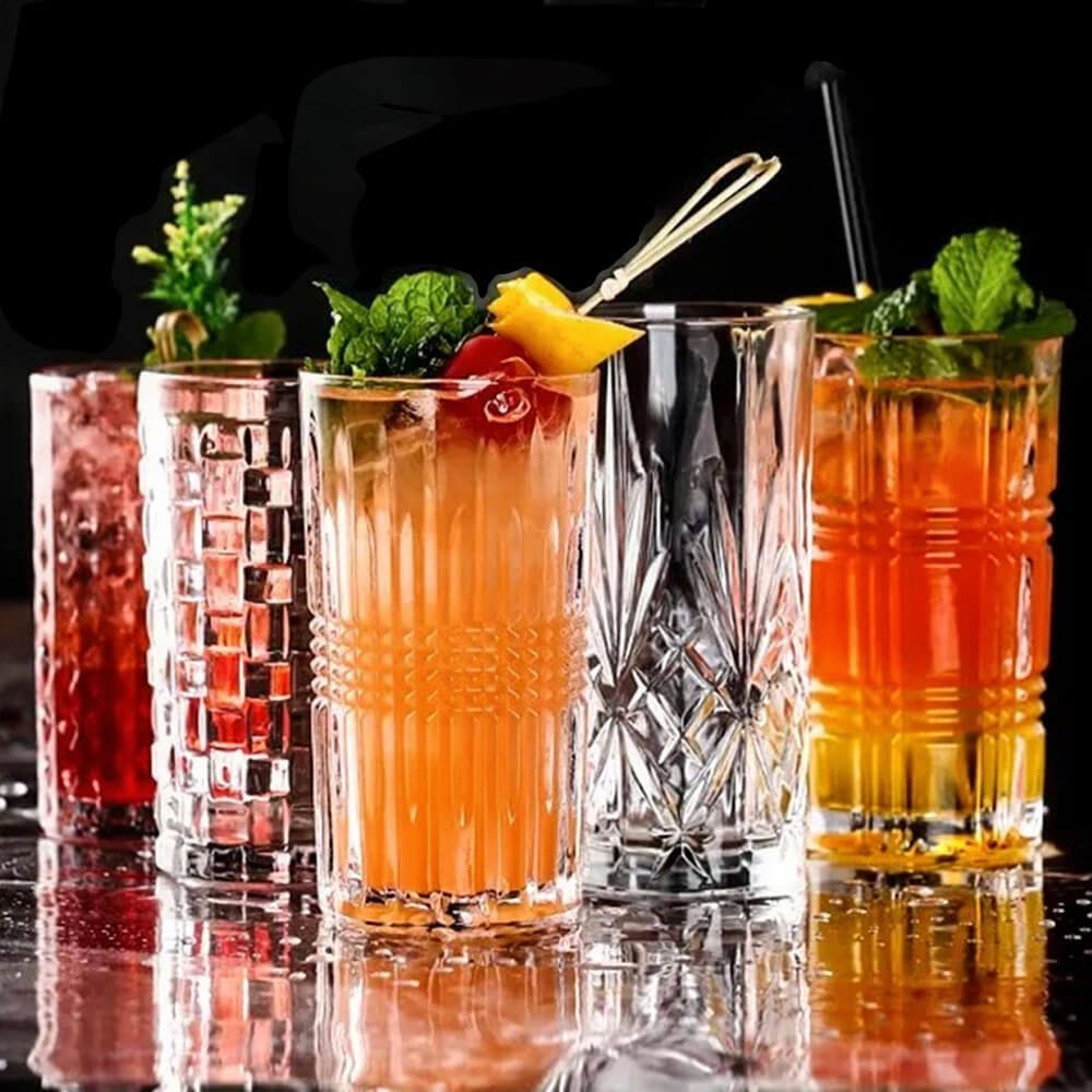 Premium Selena Highball Glasses Set of 4 - 16oz Crystal Clear Bar Glasses for Cocktails, Iced Tea & Cold Drinks - Elegant Drinkware for Home Bar, Parties & Entertaining