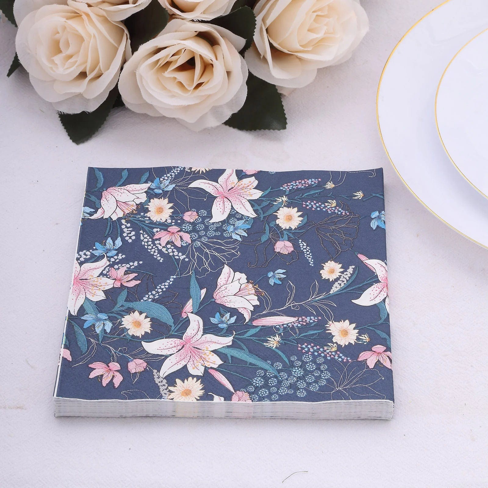 20-Pack Navy Blue 13x13 Inch Water Lily Cocktail Paper Napkins - Disposable Party Supplies for Weddings, Baby Showers & Dinner Parties