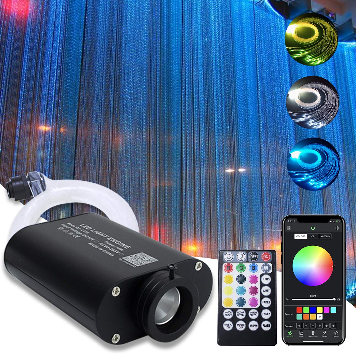 AMKI 16W RGBW Fiber Optic Curtain Light Kit - 300 Strands Waterfall LED Curtain Lights with Smart App & Sound Control, 0.04in/1mm 6.5ft/2m Fiber Optic Cable for Home Window Decor - Perfect for Christmas, Weddings, Parties & Indoor/Outdoor Decoration