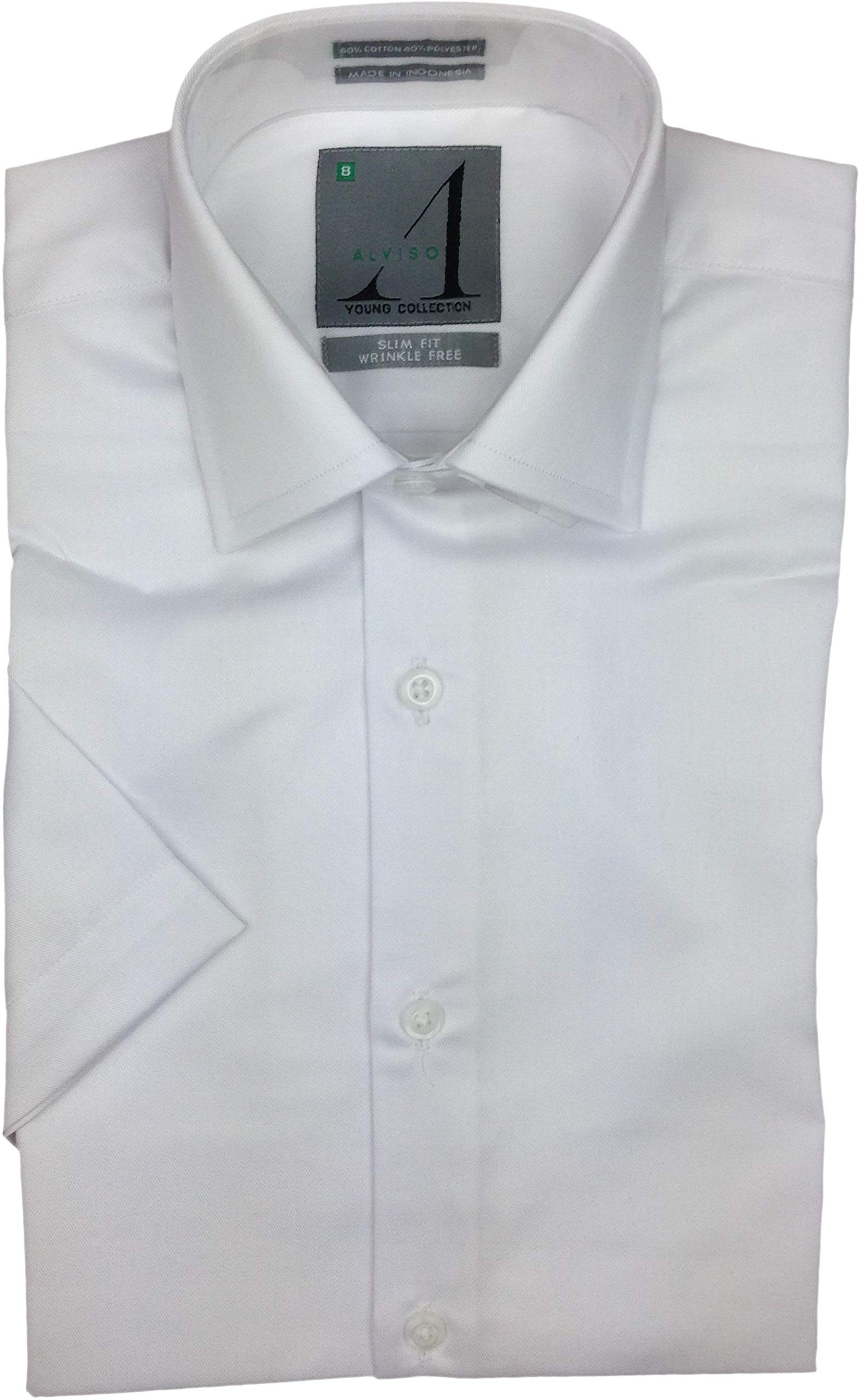 Alviso Boys White Short Sleeve Dress Shirt for School, Church & Special Occasions - Classic Cotton Formal Shirt for Kids
