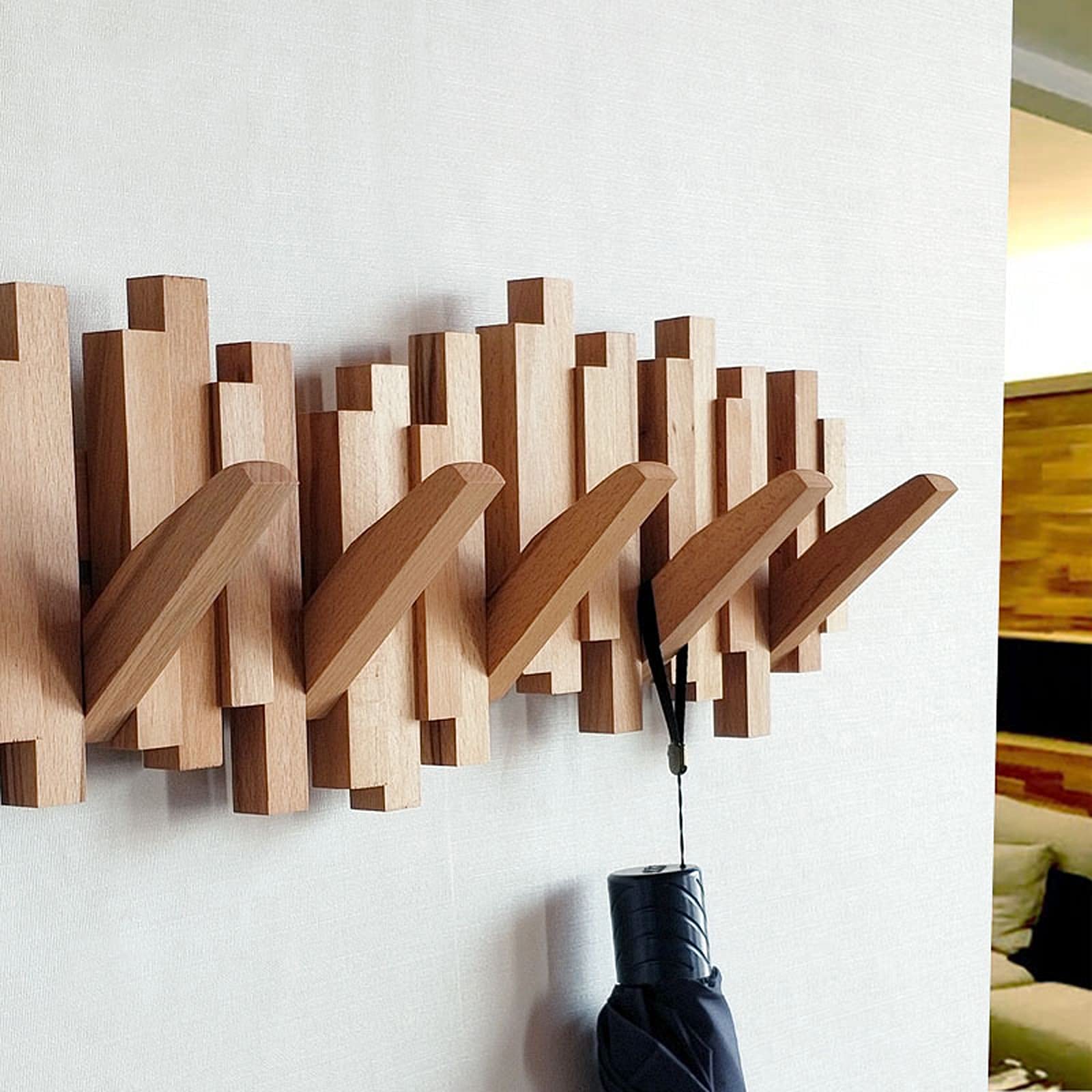 Folding Wooden Coat Rack - Wall Mounted Solid Natural Wood with 5 Flip-Down Hooks for Coats, Bags & Hats | Handmade Modern Home Decor for Bathroom, Bedroom & Entryway (4 Hooks) - Space Saving & Stylish Storage Solution