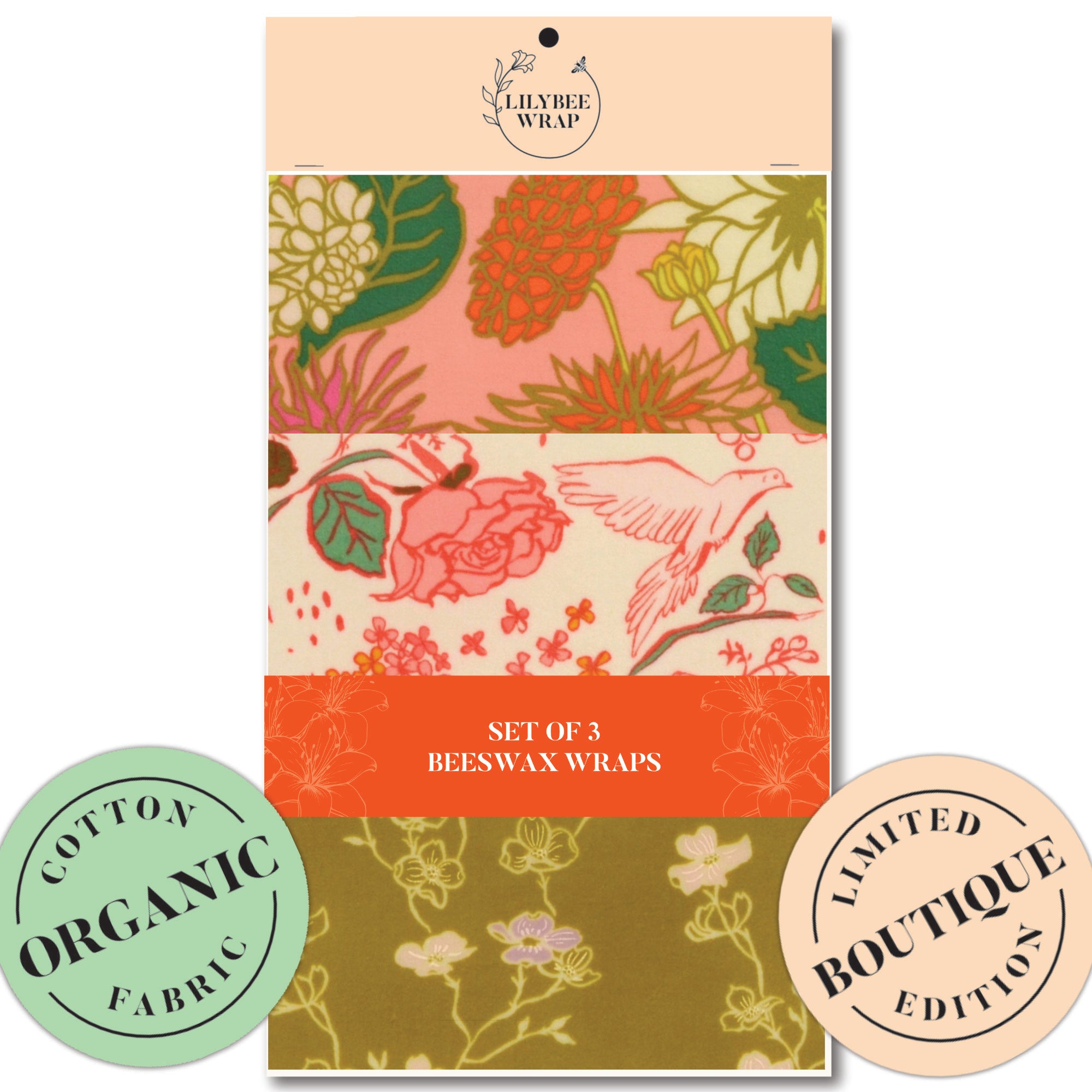 Organic Beeswax Food Wraps Set of 3 - Reusable Eco-Friendly Kitchen Storage for Sandwiches, Fruits & Leftovers - Sustainable Alternative to Plastic Wrap for Fresh Food Preservation
