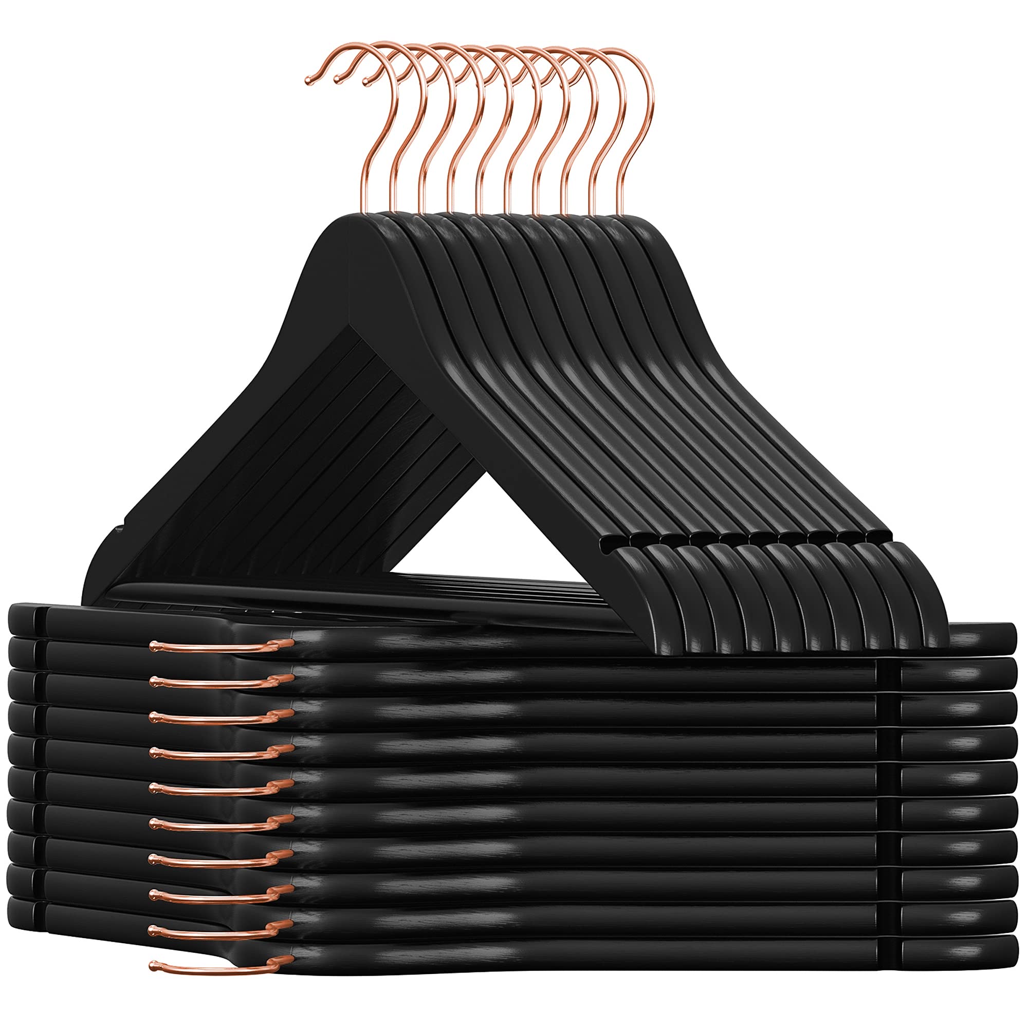 SONGMICS 20-Pack Solid Wood Hangers with Rose Gold Swivel Hooks - Heavy Duty Coat Hangers with Shoulder Notches for Shirts, Jackets & Pants (Black) - Perfect for Closet Organization & Wardrobe Storage