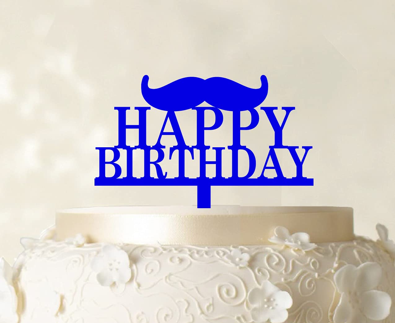 Happy Birthday Cake Topper with Mustache - Blue Cake Decorations (6