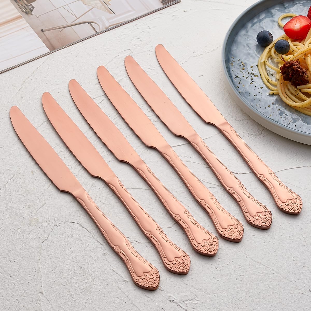 Matte Rose Gold Dinner Knives Set of 6 - Stainless Steel Satin Finish Cutlery with Rose Pattern Design - Dishwasher Safe - Perfect for Wedding, Anniversary, and Formal Dining Occasions