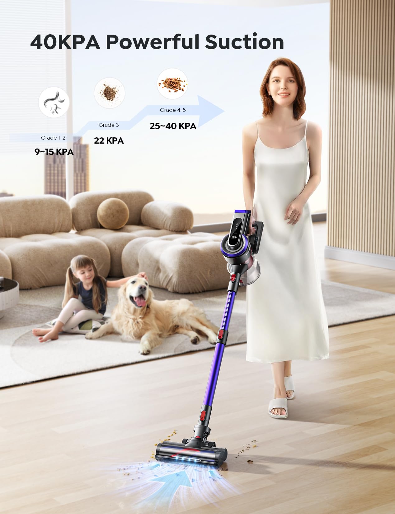 Powerful 450W Cordless Vacuum Cleaner with 40Kpa Suction & 55Min Runtime - Lightweight Stick Vacuum for Hardwood Floors, Carpets & Pet Hair - Anti-Tangle Tech & Touch Display - Perfect for Home Cleaning & Pet Owners