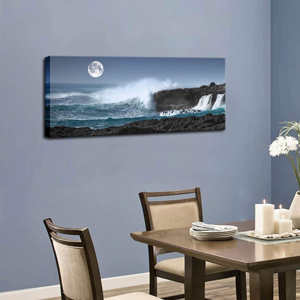 Biuteawal - Blue Ocean Seascape Canvas Wall Art with Full Moon - Modern Landscape Print on Ready-to-Hang Canvas for Home, Office, Living Room & Bedroom Decor - Perfect for Coastal, Beach House or Nautical Theme Interior Design