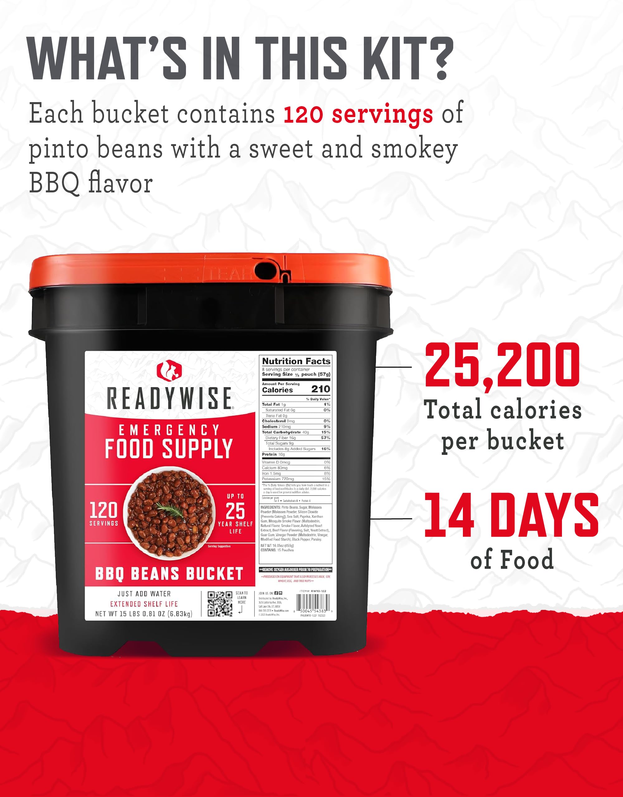 ReadyWise BBQ Beans Bucket - 120 Servings Freeze Dried Emergency Food Supply with 25-Year Shelf Life | MRE Survival Meals for Camping, Hiking, Outdoor Adventures & Emergency Preparedness | Perfect for Disaster Kits, Backpacking Trips & Long-Term Food Storage