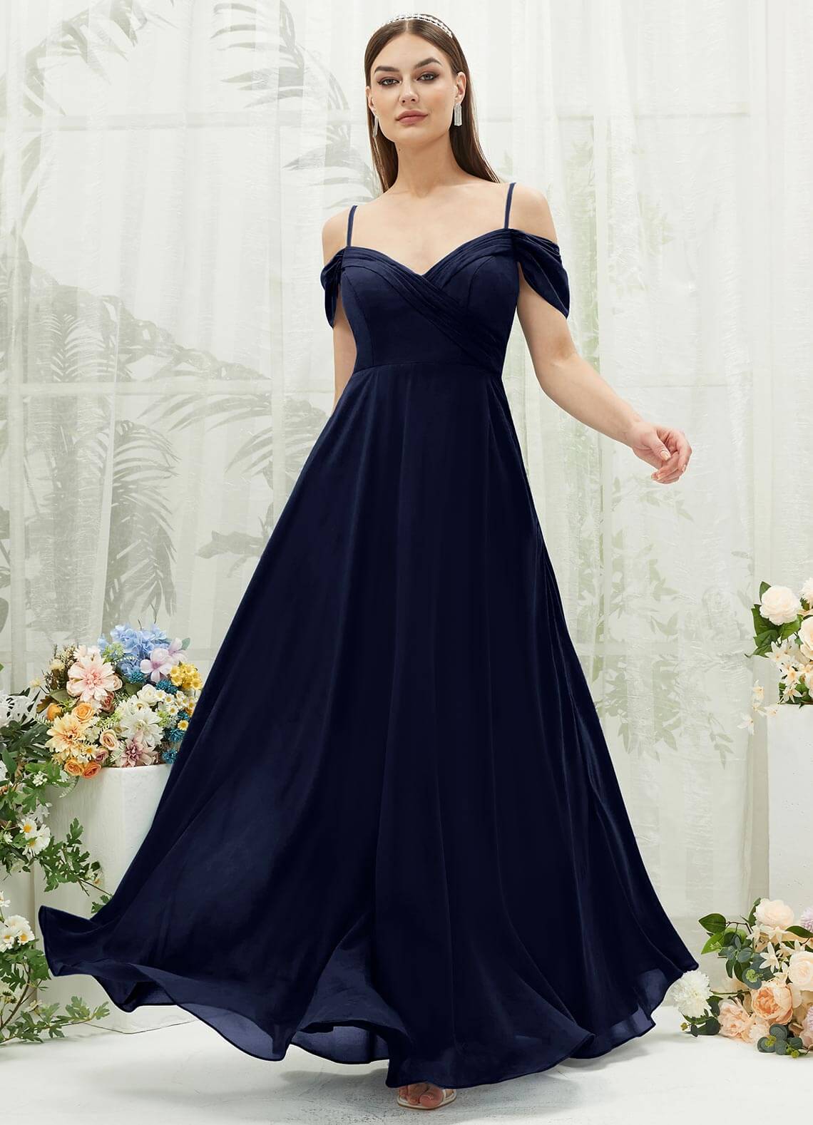 Elegant Dark Navy Chiffon Cold Shoulder Sweetheart Bridesmaid Dress with Pockets - Perfect for Weddings, Parties & Formal Events