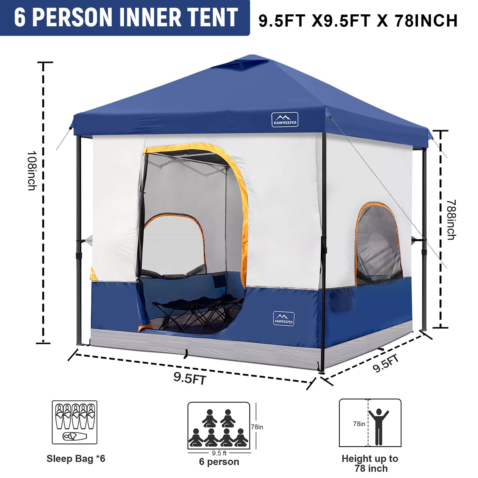 KAMPKEEPER 6-Person Camping Tent - 10x10 FT Pop Up Canopy Tent with Removable Inner Tent | Converts Straight Leg Canopy to Camping Shelter | Includes Frame & Fully Vented Roof | Perfect for Family Camping, Backpacking & Outdoor Adventures