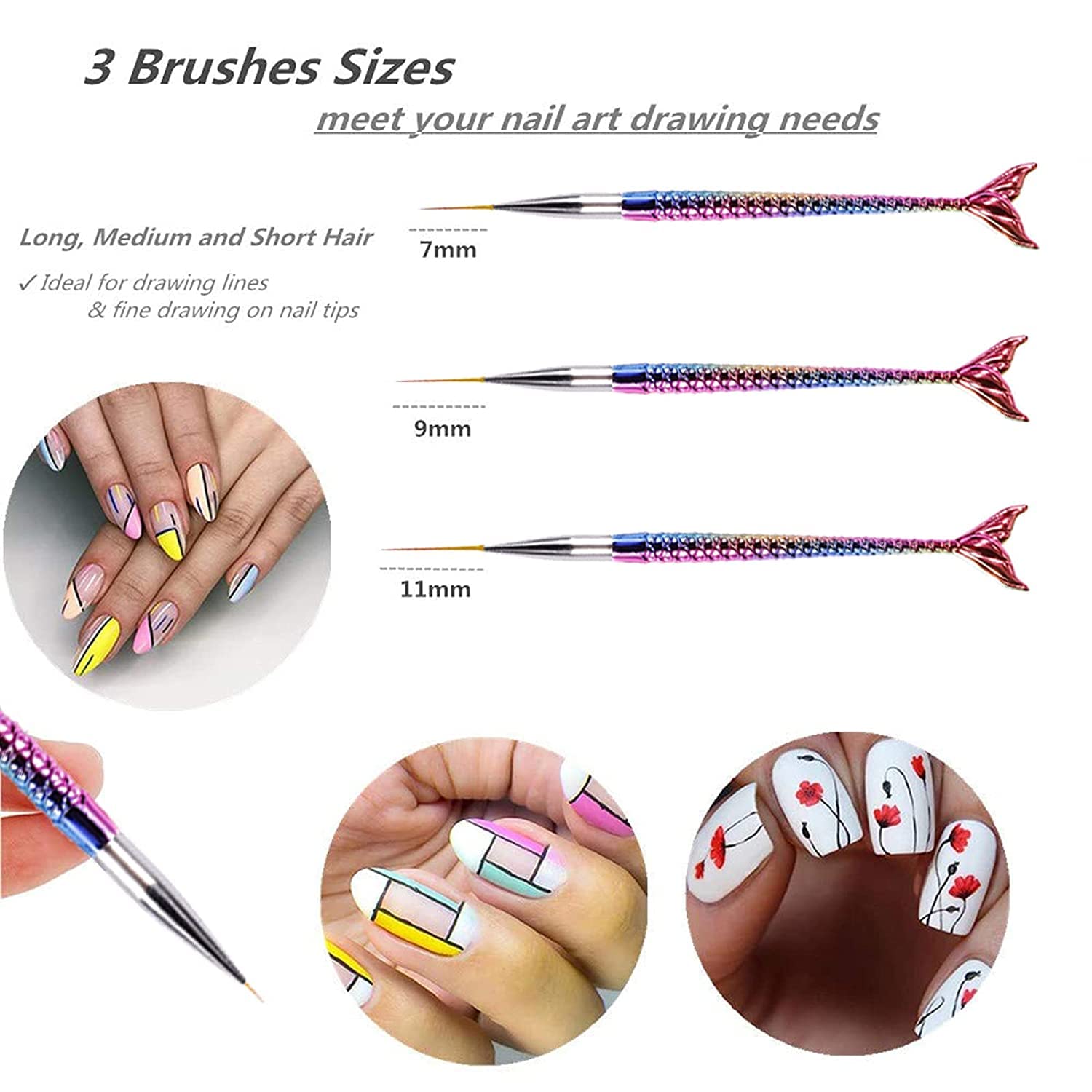 Gleevia 3-Piece Mermaid Line Nail Art Brush Set - Professional Detail Brushes for Nail Painting, Perfect for Family & Kids (Silver) | DIY Manicure, Salon Nail Design, Home Nail Art