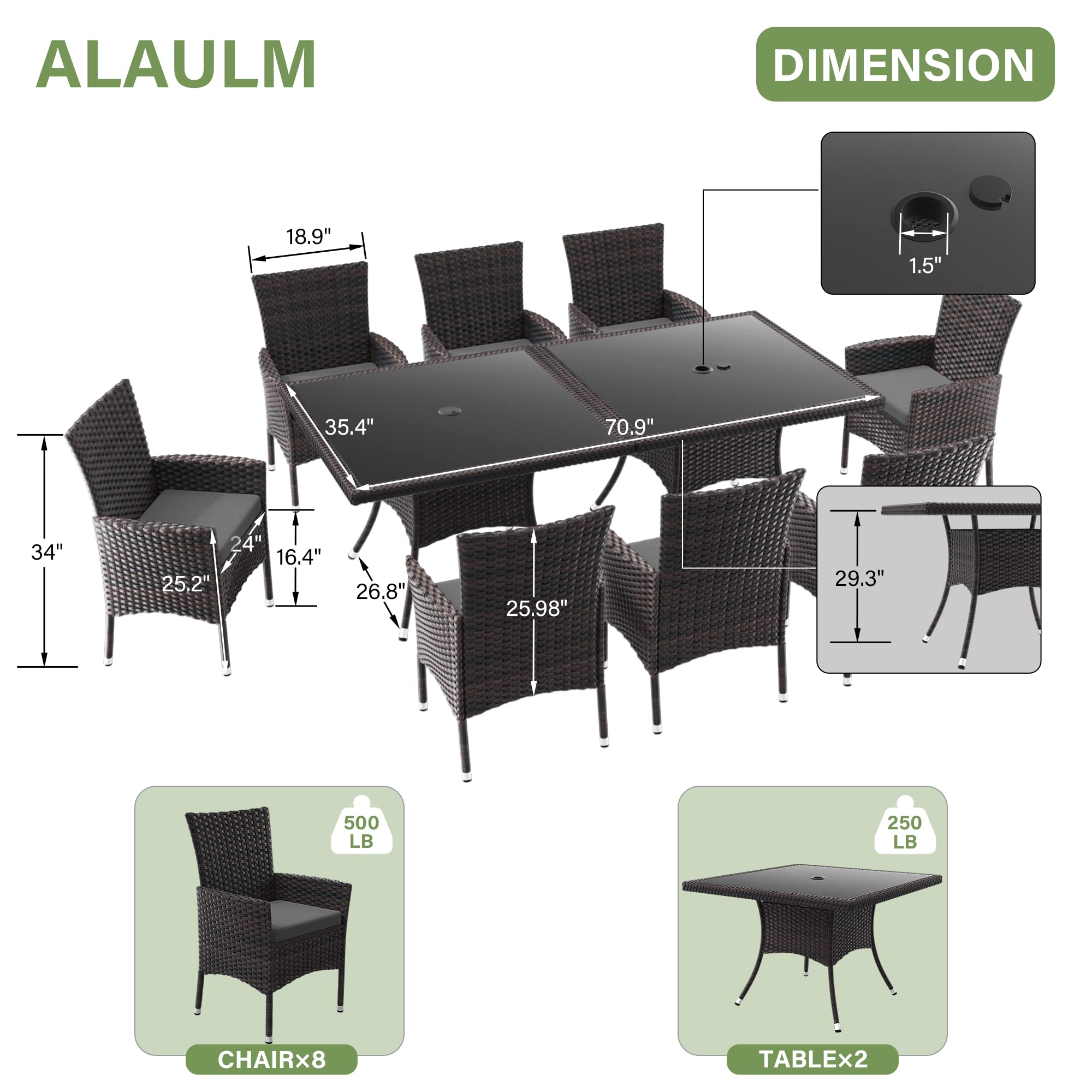 10-Piece All-Weather Wicker Patio Dining Set with Tempered Glass Tabletop & Removable Cushions - Outdoor Furniture for Backyard, Garden, Poolside - Includes Umbrella Hole (Grey) | Perfect for Outdoor Entertaining, Family Gatherings & Relaxing in Your Garden