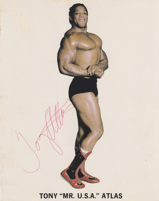 Vintage 1980s WWWF Signed Mr. USA Tony Atlas Wrestling Promo Photo - Collectible Memorabilia for Wrestling Fans & Sports Enthusiasts - Perfect for Man Cave Decor, Wrestling Collections, and Gift Giving