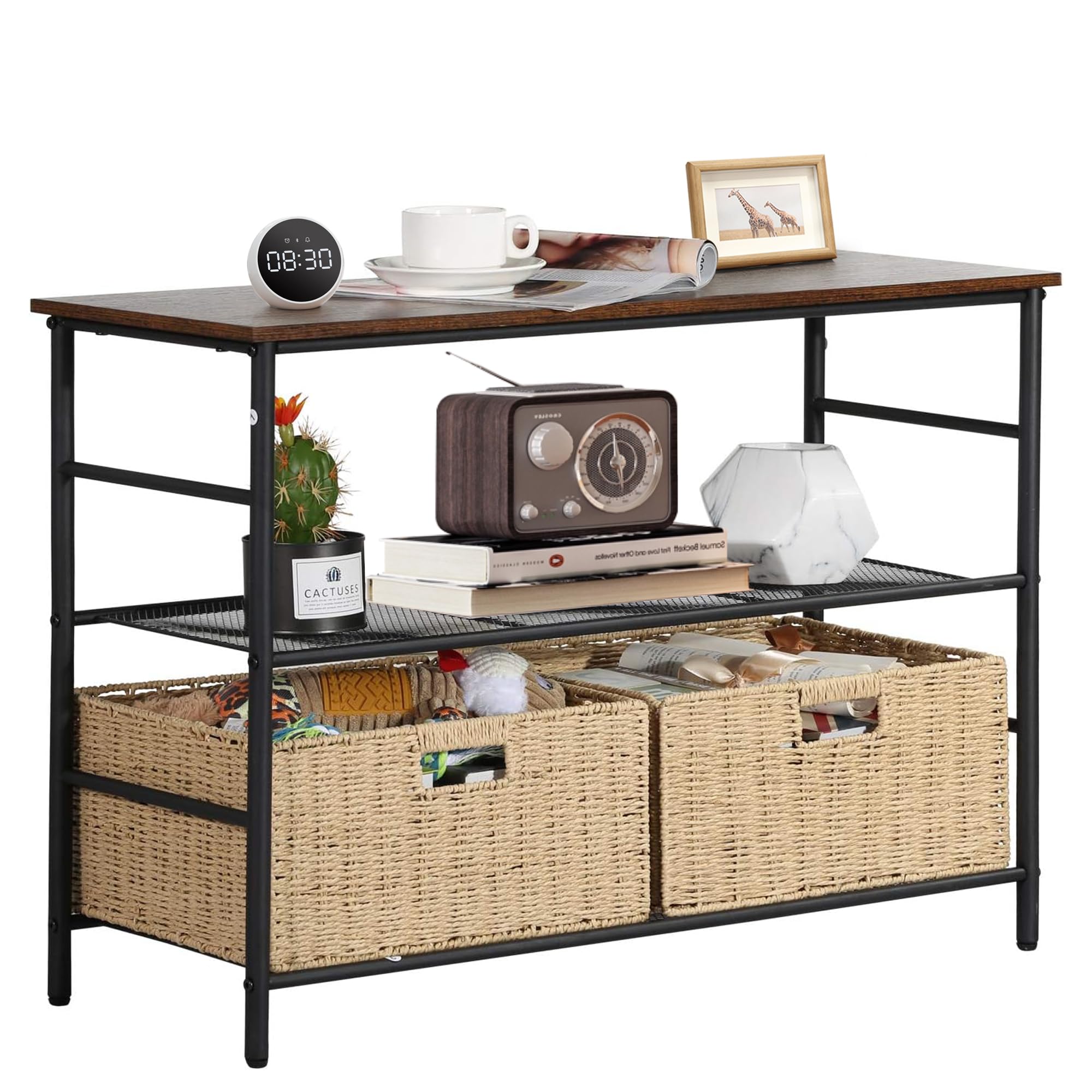 VECELO Industrial Console Table with 2 Wicker Baskets - Rustic Narrow Sofa Table for Hallway, Living Room & Entryway - Easy Assembly 2-Tier Storage Shelf in Retro Brown - Perfect for Small Spaces & Farmhouse Decor