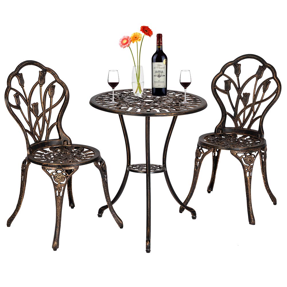Vintage Wrought Iron Patio Furniture Set - 3-Piece Retro Tulip Design Copper Table & Chairs, Weather & Rust Resistant Outdoor Dining Set for Garden, Balcony, Backyard