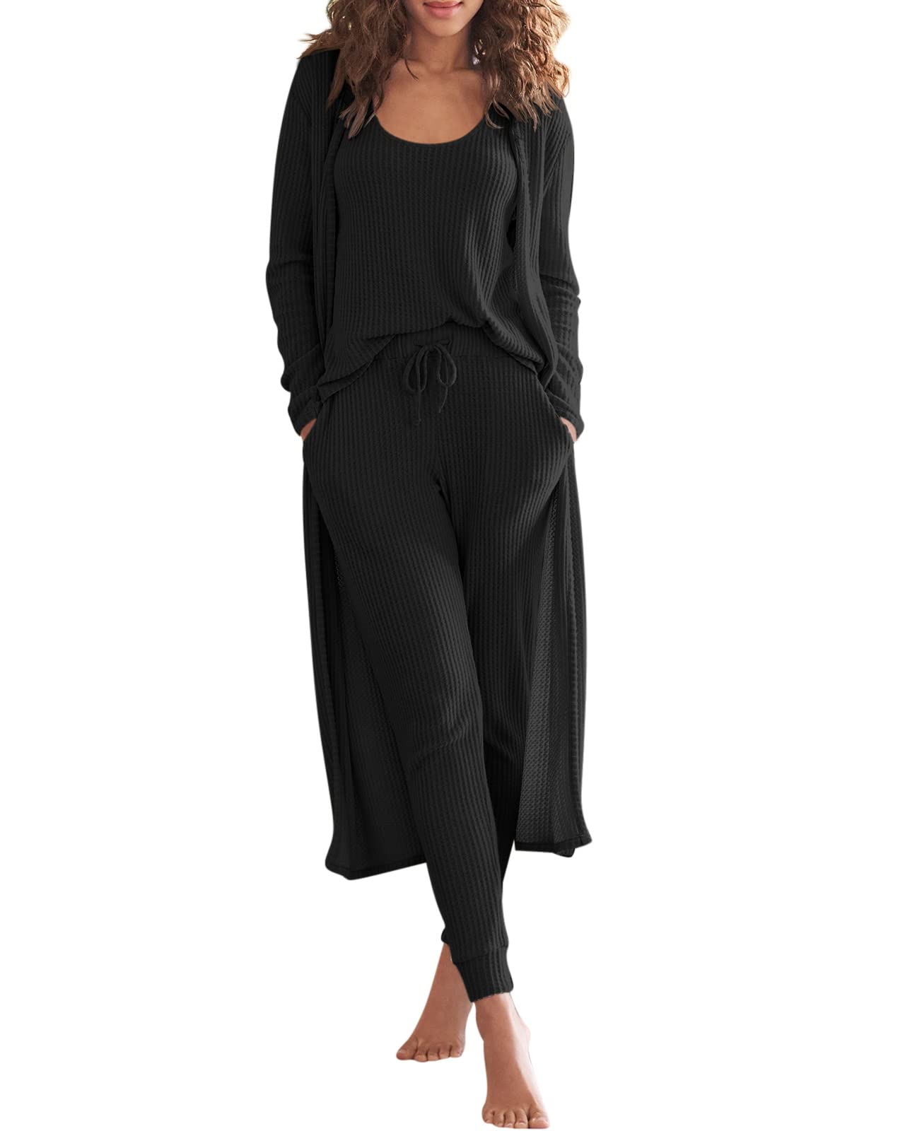 Eurivicy Women's Trendy 3-Piece Waffle Knit Lounge Set - Soft Pajama Set with Tank Top, Loose Pants & Long Cardigan - Cozy Sweatsuit for Home, Travel & Relaxation