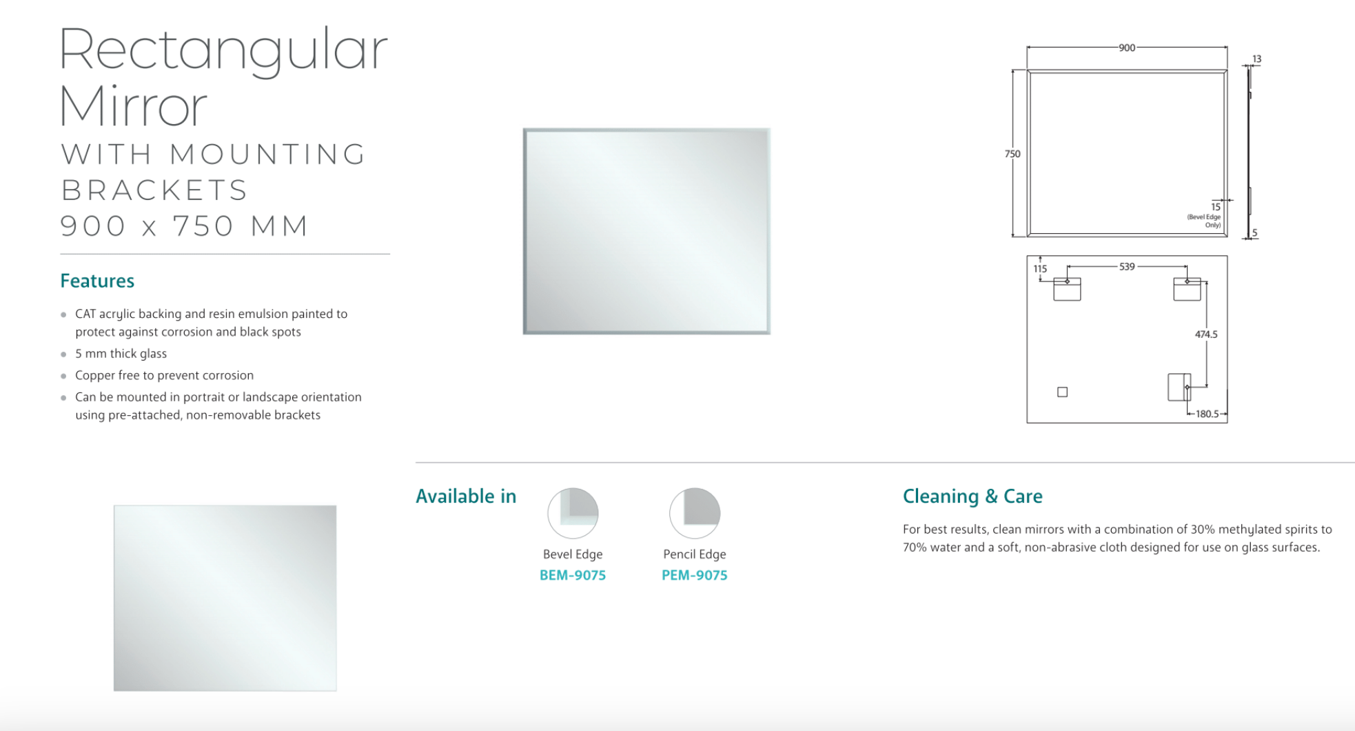 Fienza PEM 9075 Frameless Rectangular Bathroom Mirror 35.4
