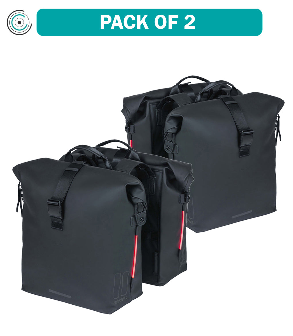 2 Pack Basil SoHo Nordlicht Double Pannier Bike Bags - Waterproof Black Cycling Panniers 12.2x5.1x14.6 Inches with USB Port & Adjustable Straps - Perfect for Commuting, Grocery Shopping & Urban Cycling Adventures