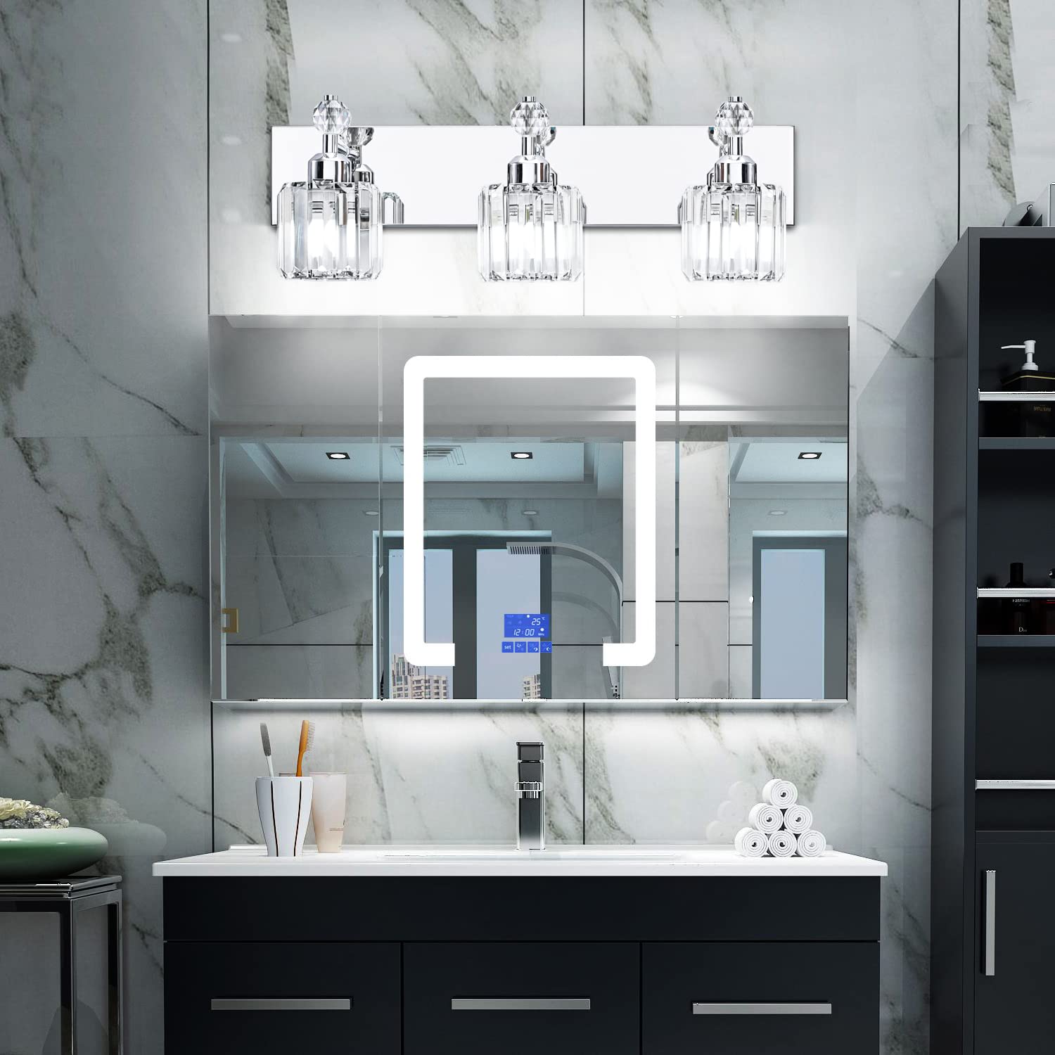 Modern Crystal Bathroom Vanity Light - Chrome 3-Light Fixture for Mirror Wall Mount - Perfect for Bathroom, Powder Room & Dressing Area Lighting