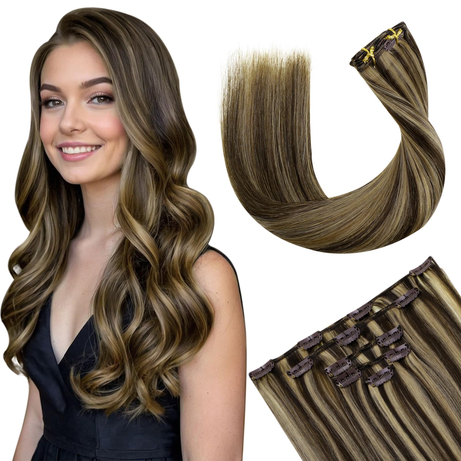 Hetto 22 Inch Clip-in Hair Extensions - 100% Real Human Hair, Long Straight, #4 Brown Highlights & #27 Honey Blonde, 5-Piece Set (80g) - Perfect for Parties, Weddings & Daily Styling