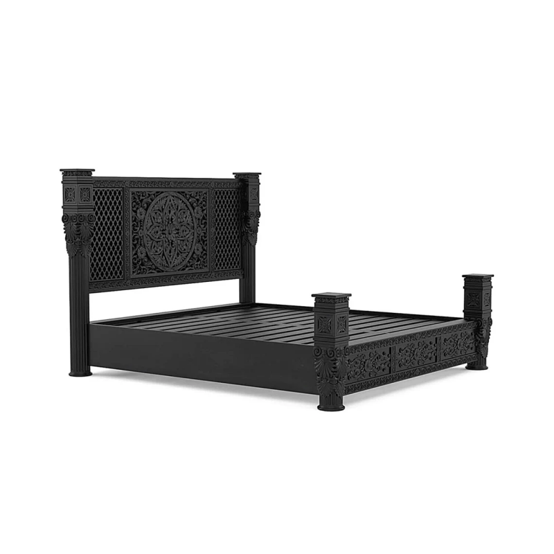 Hand Carved Solid Wood Bedroom Bed Frame - Elegant Black Finish with Intricate Carvings | Perfect for Master Bedrooms, Guest Rooms & Luxury Home Decor