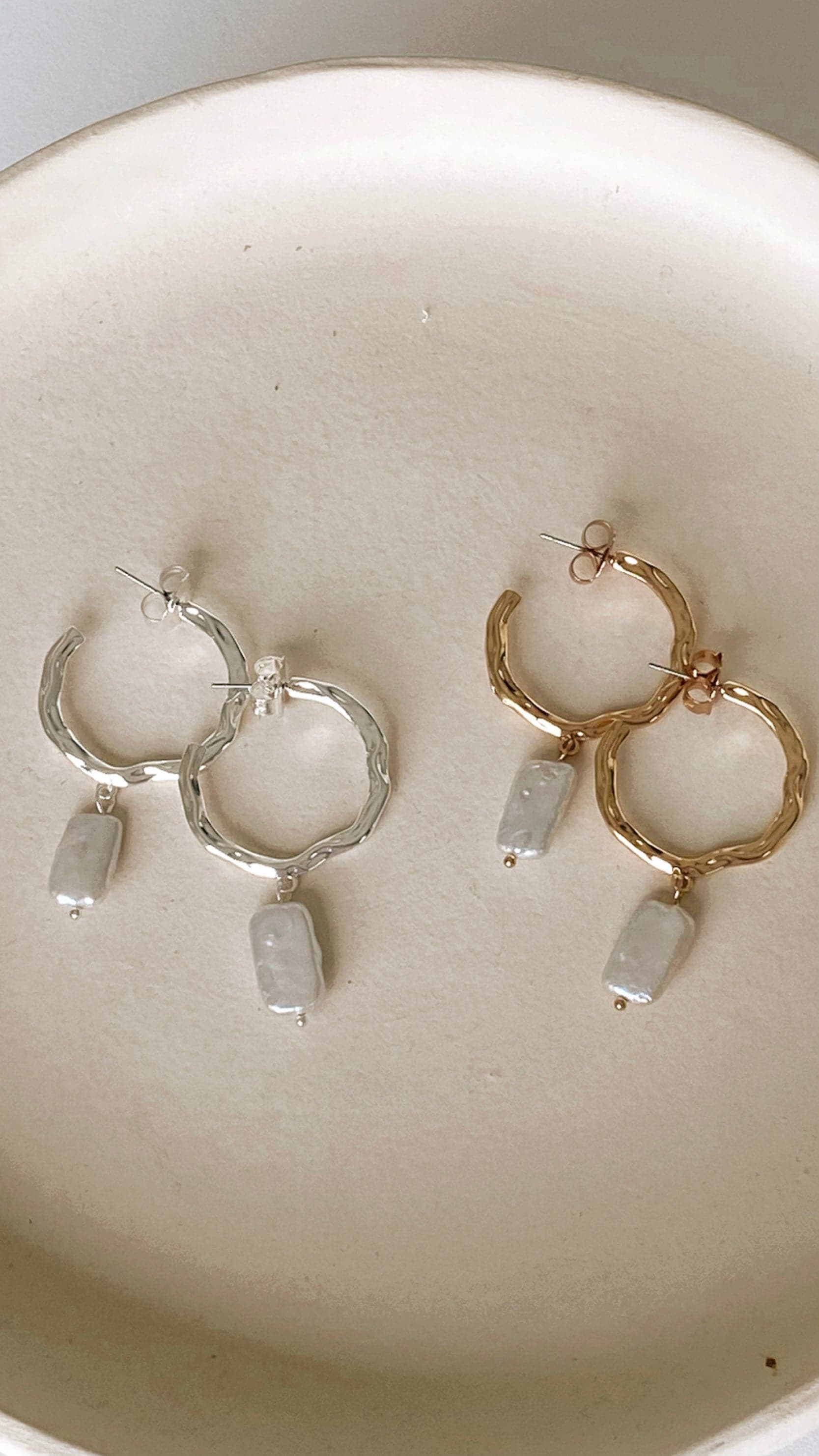 Beaten Metal Pearl Drop Hoop Earrings - Silver & Cream Dangle Earrings for Women | Perfect for Weddings, Parties & Everyday Wear