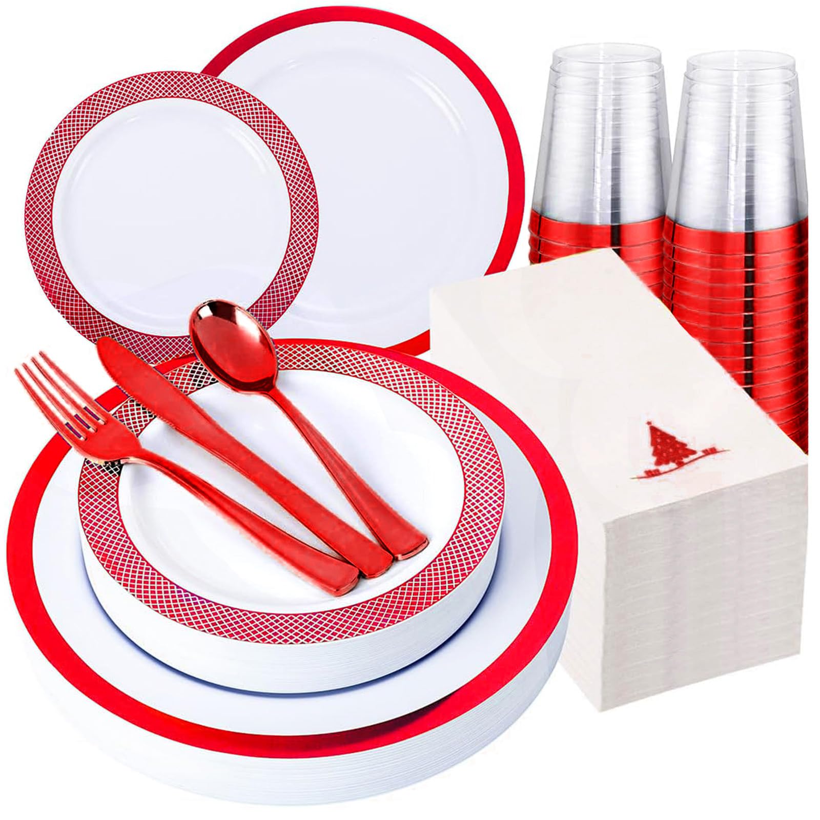 Ciaell 175-Piece Red and White Plastic Dinnerware Set - 25 Dinner Plates, 25 Dessert Plates, 25 Knives, 25 Forks, 25 Spoons, 25 Cups & 25 Napkins - Perfect for Parties, Weddings, BBQs, Picnics & Outdoor Events