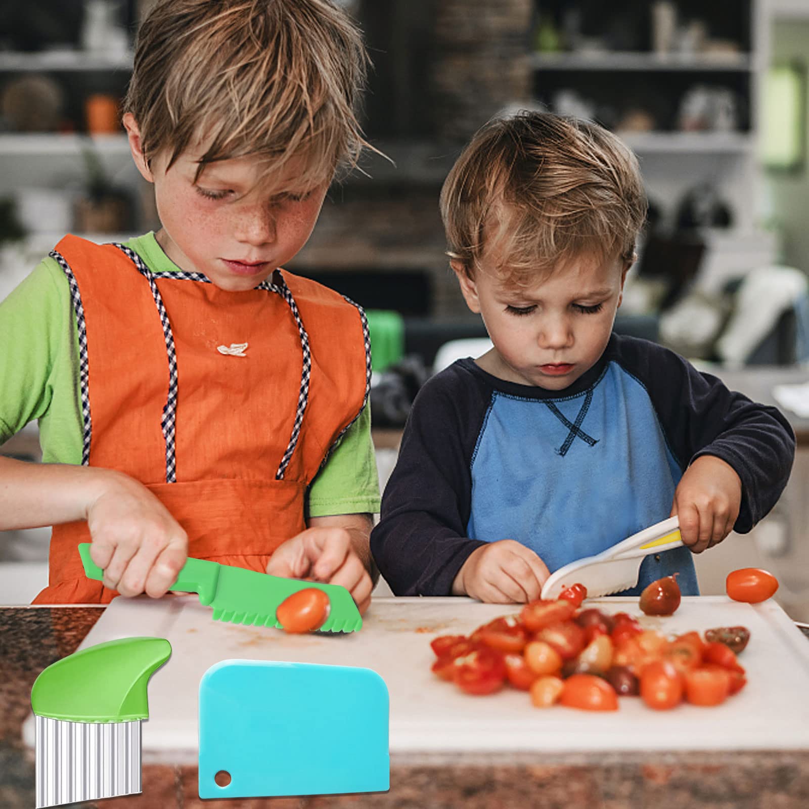 KOLODOGO 10-Piece Wooden Kids Kitchen Knife Set - Safe Plastic Slicers, Cooking Knives & Cake Scraper with Adorable Rectangle Cutting Board | Perfect for Toddler Cooking Pretend Play, Birthday Gifts & Montessori Learning Activities