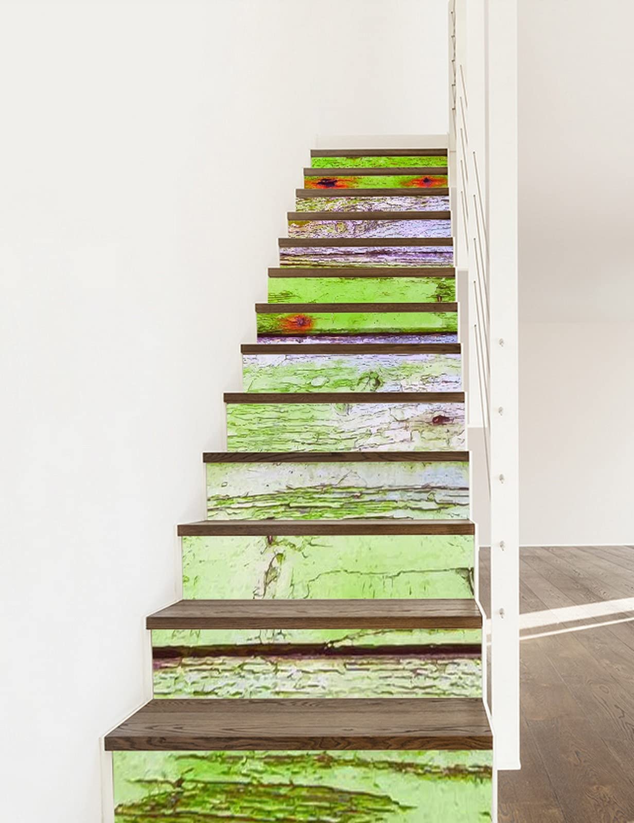 3D Self-Adhesive Removable Stair Stickers - Grunge Green & Purple Wood Plank Vinyl Decals for Stair Risers, Kitchen Tiles & Wall Murals (13-Piece Set) - Perfect for Home Renovation, DIY Decor & Rental Property Upgrades