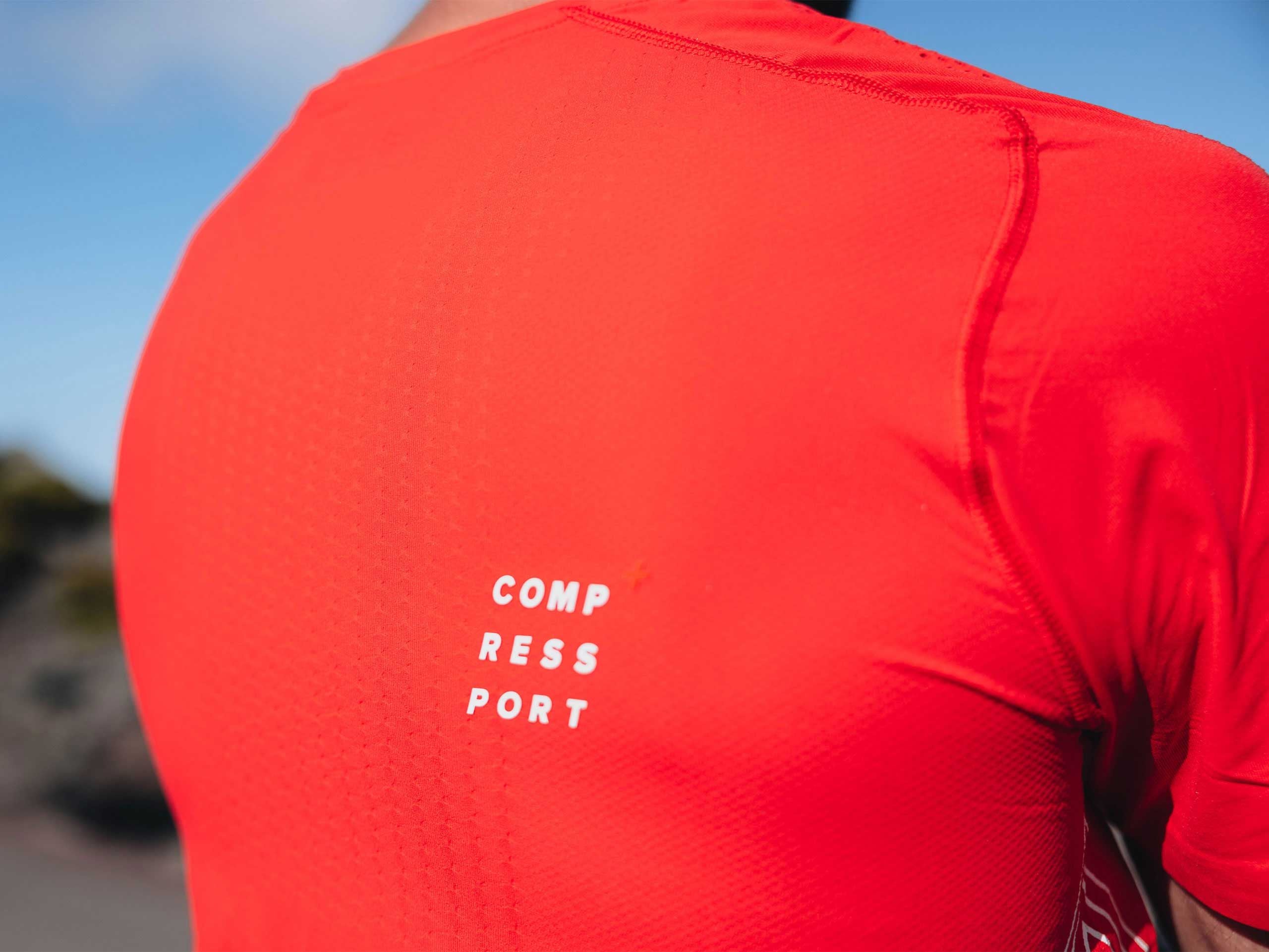 Compressport Men's Performance Short Sleeve Running Shirt - High Risk Red/White - Moisture Wicking Athletic Top for Marathon, Gym & Outdoor Workouts