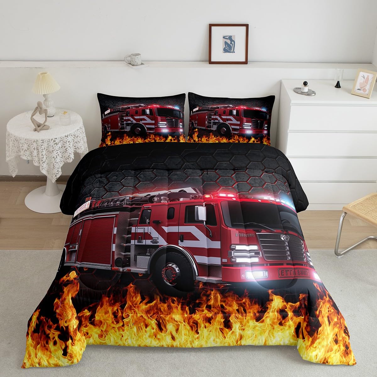Firefighter Car Comforter Set - Fire Truck Bedding Twin Size Black & Red Honeycomb Quilted Duvet Cover with Pillowcase for Teen Boys, Kids & Young Men | Soft Cozy Bedroom Decor for Firefighter-Themed Rooms & Gift Ideas