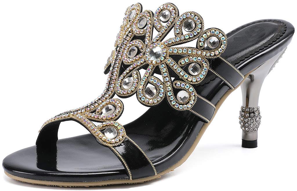 LizFoYa Women's Strappy Flower Sandals with Crystals - Elegant High Heel Cutout Dress Shoes for Weddings, Parties & Special Occasions