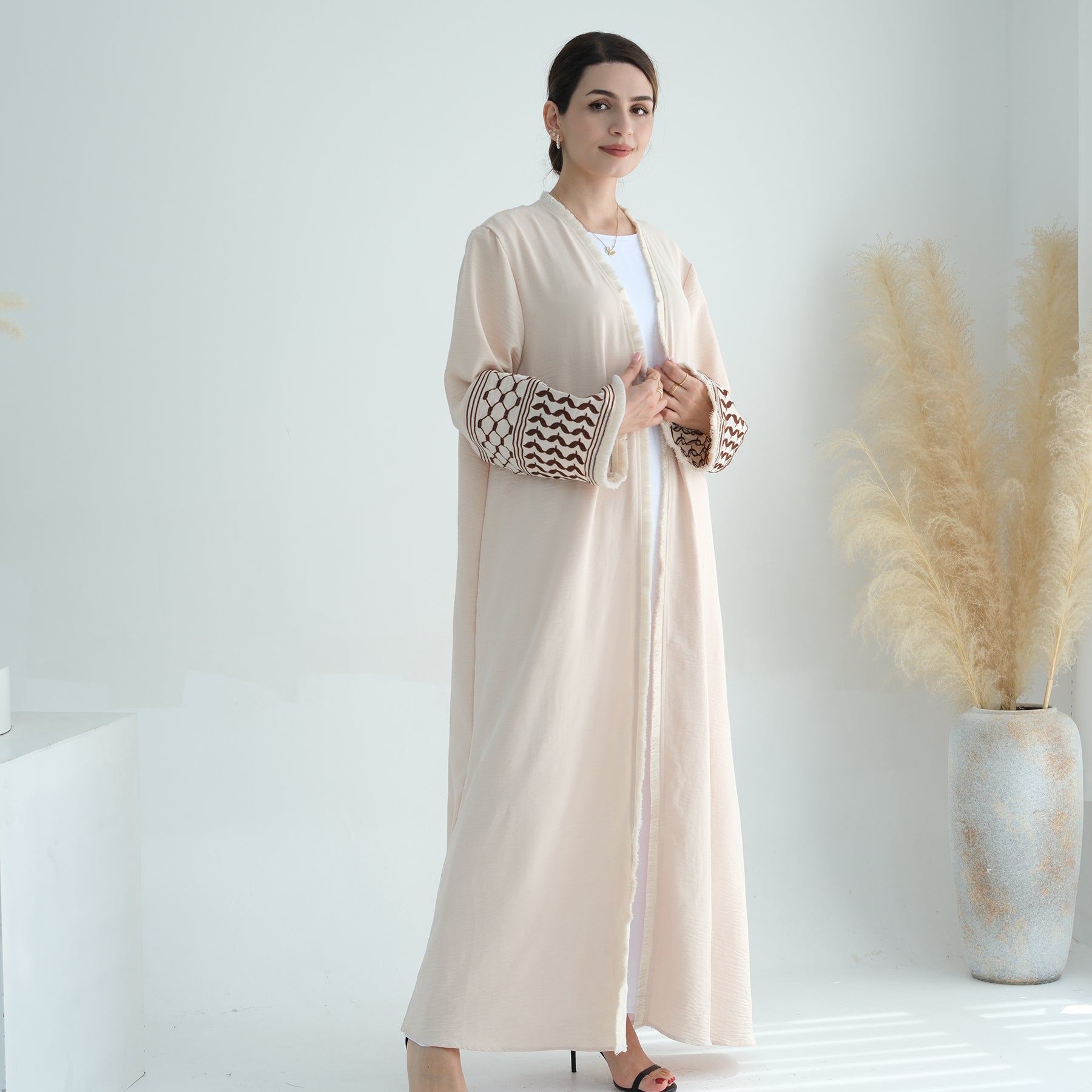 Elegant Kufiya Open Abaya Set in Sand Color - Modest Muslim Prayer Dress for Women - Perfect for Eid, Ramadan & Special Occasions