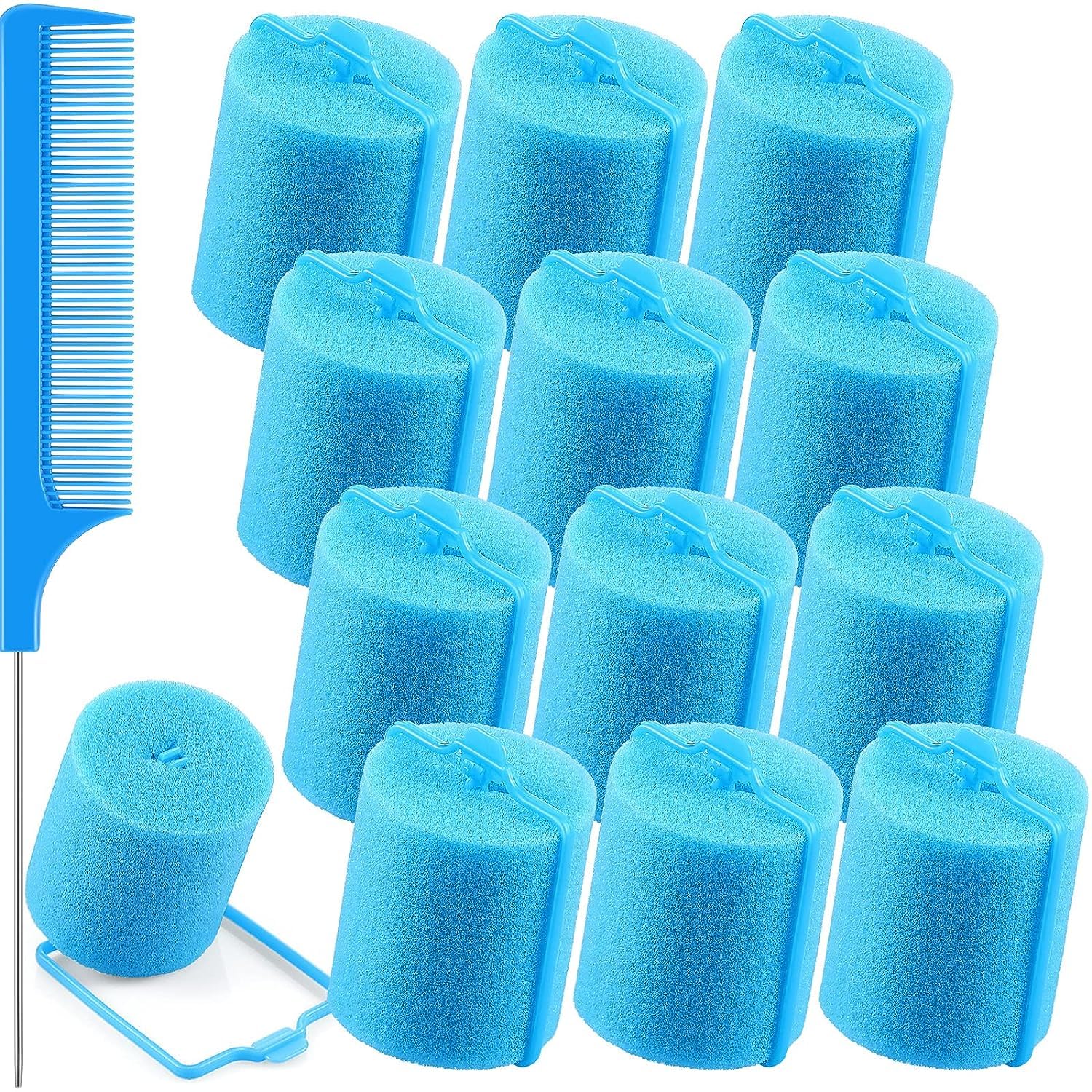 SIYAA 12 Pack Soft Foam Hair Rollers for Sleeping - 1.89 Inch (4.8 cm) Flexible Sponge Curlers with Stainless Steel Rat Tail Comb - Hair Styling Set for Overnight Curls & Volume (Blue) - Perfect for Home Salon, DIY Styling & Travel