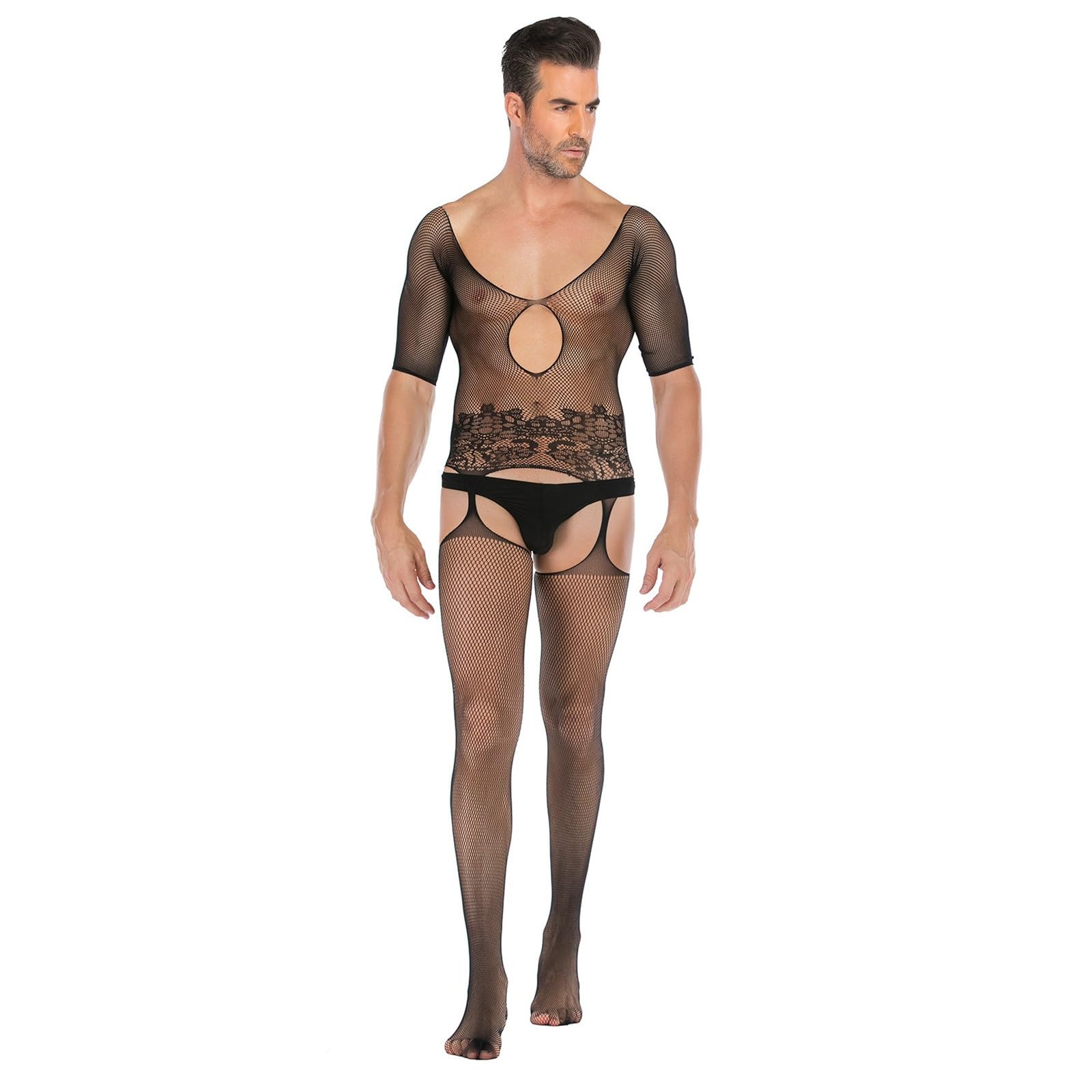 Sexy Men's Lingerie - Open Front Fishnet Pantyhose & Bodysuit Stockings for Sensual Wear | Perfect for Roleplay, Cosplay and Intimate Occasions