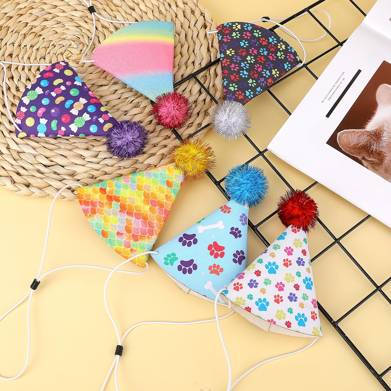 KALIONE 6 Pack Rainbow Cat & Dog Birthday Hats with Pompons - Adjustable Leather Headbands for Puppy Kitten Pet Party | Perfect for Birthday Celebrations, Photo Shoots & Pet Costume Parties