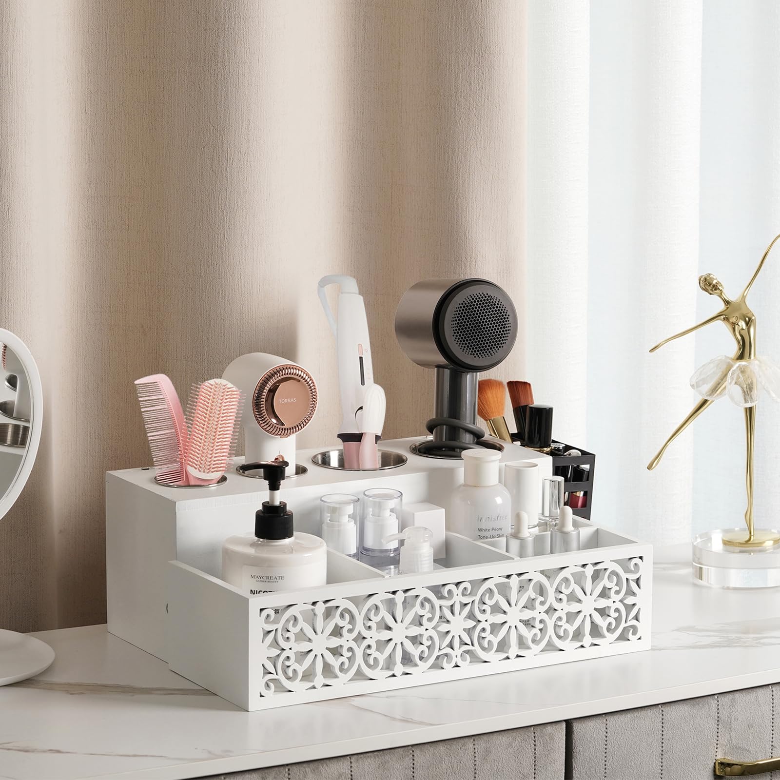 White Hair Dryer Holder & Bathroom Organizer - Hollow Out Design with Side Basket for Blow Dryer, Makeup & Toiletries | Countertop Vanity Storage Stand for Hair Tools & Cosmetics | Perfect for Bathroom, Salon & Home Organization
