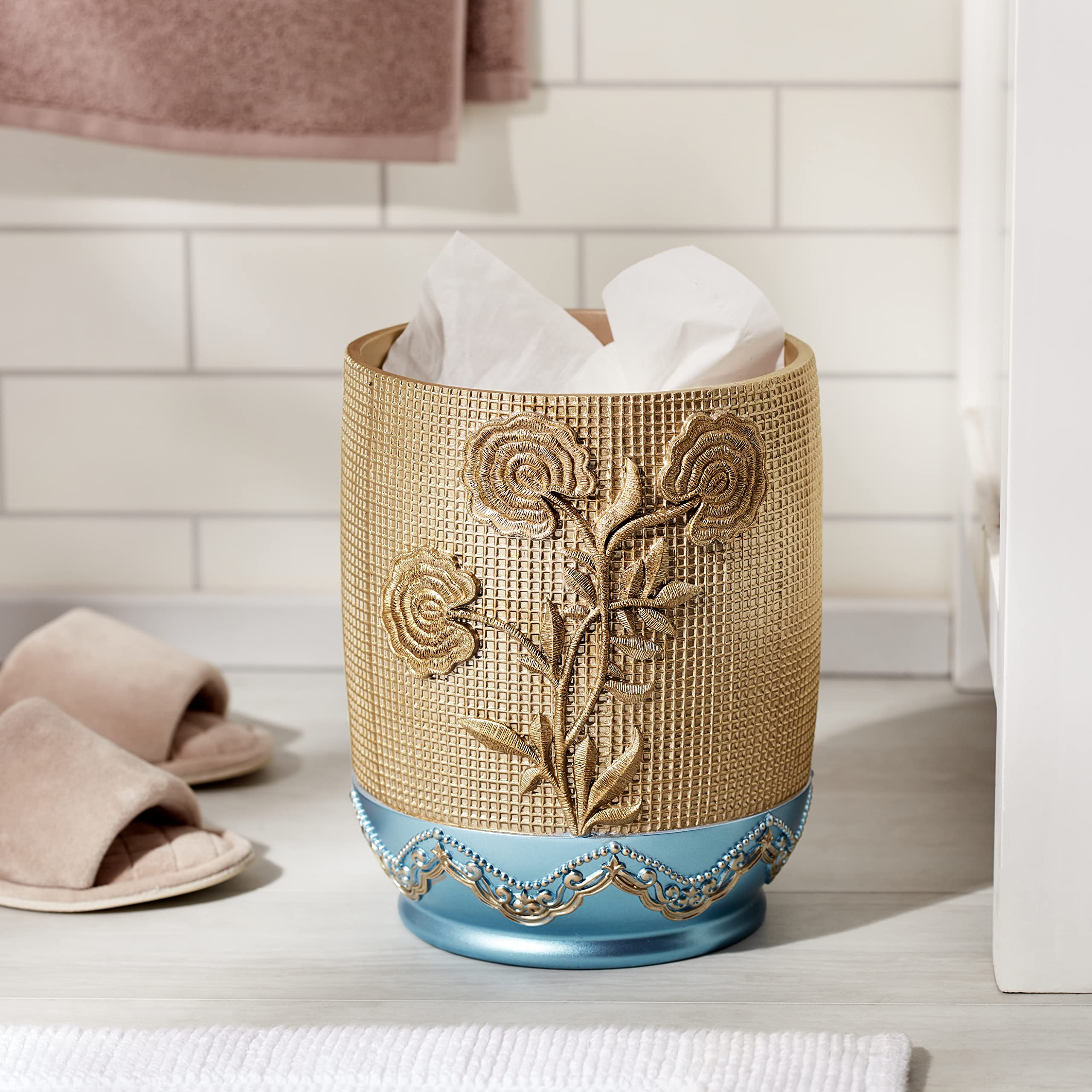 Ombre Rose Design Waste Basket - Blue Bathroom Trash Can for Home, Office & Dorm | Elegant Small Garbage Bin with Stylish Gradient Floral Pattern | Perfect for Bathroom, Bedroom, Vanity & Guest Room Decor