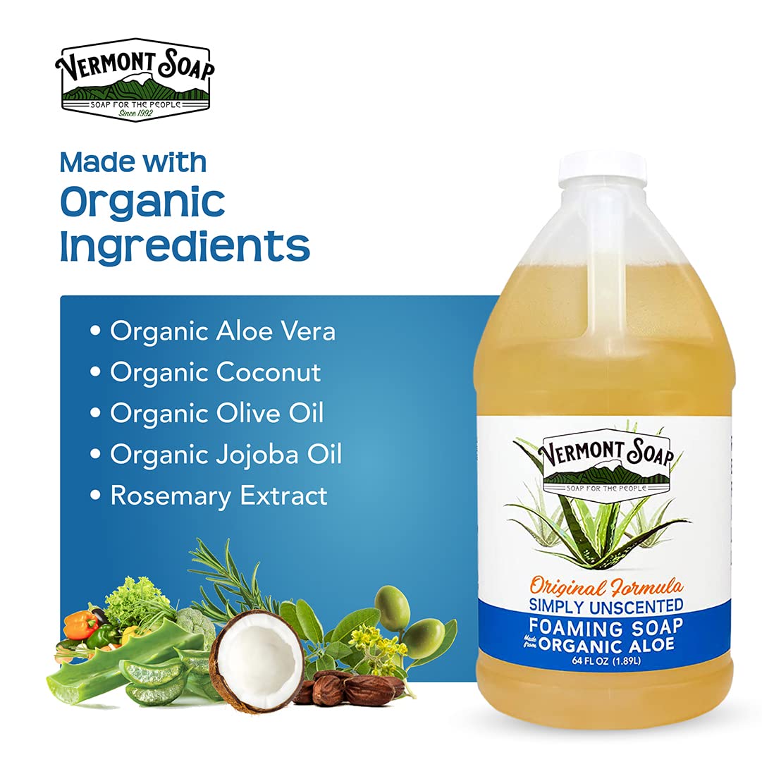 Organic Unscented Foaming Hand Soap by Vermont Soap - Natural Moisturizing Liquid Soap for Dry Skin, Fragrance-Free Bathroom Hand Wash - 64 oz - Perfect for Sensitive Skin & Eco-Friendly Homes