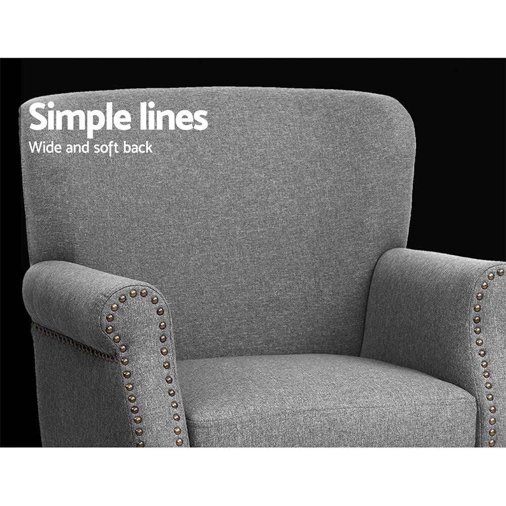 Retro Armchair Accent Chair - Grey Linen Fabric Lounge Chair for Living Room, Bedroom & Office - Single Sofa with Mid-Century Modern Design
