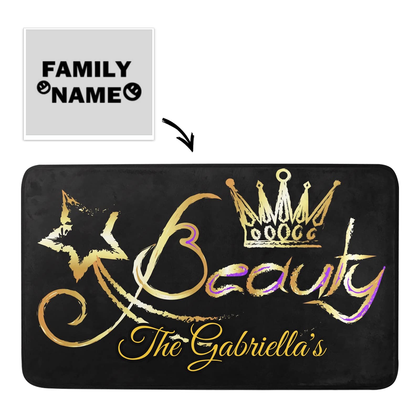 Custom Personalized Family Name Doormat - Beauty Salon Crown Design Non-Slip Entrance Rug 23.6