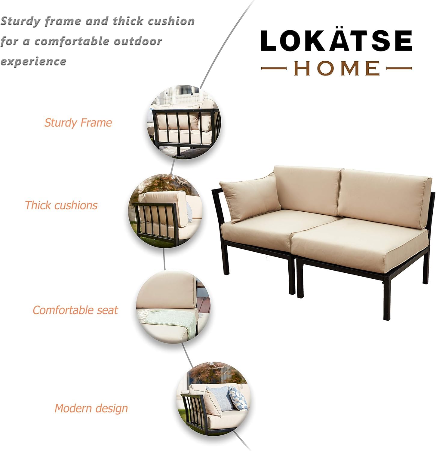 LOKATSE HOME 2-Piece Outdoor Patio Furniture Set - Corner Sofa & Armless Chair Conversation Set in Khaki | Perfect for Backyard, Garden, Poolside & Patio Relaxation