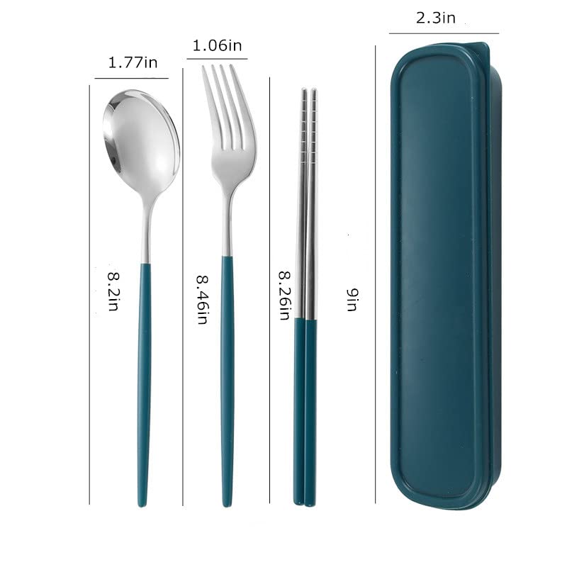 Stainless Steel Travel Utensil Set - 4 Piece Portable Cutlery Kit with Fork, Spoon & Chopsticks | Reusable Camping Flatware in Dark Green | Perfect for Hiking, Picnics & Outdoor Dining