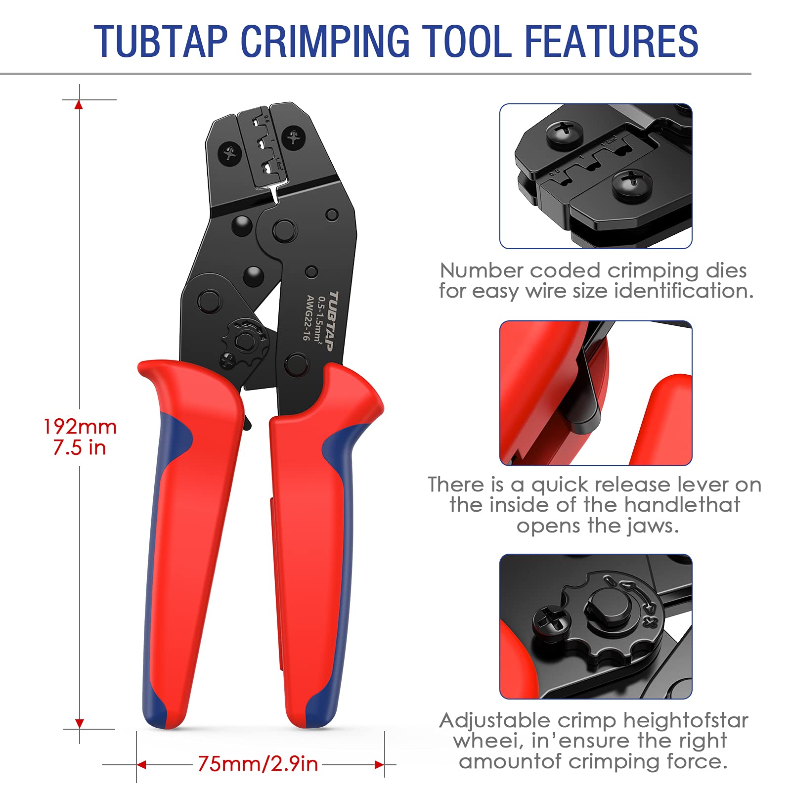 TUBTAP 22-16 AWG Spade Connector Crimper Tool for Electrical Wiring - Perfect for Automotive & DIY Projects