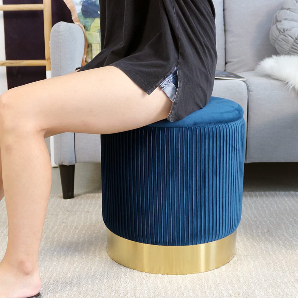 Blue Velvet Round Storage Ottoman Set of 2 - Gold Accent Ottoman Chairs for Living Room & Bedroom | Modern Footrest with Hidden Storage | Perfect for Small Spaces, Home Decor & Extra Seating